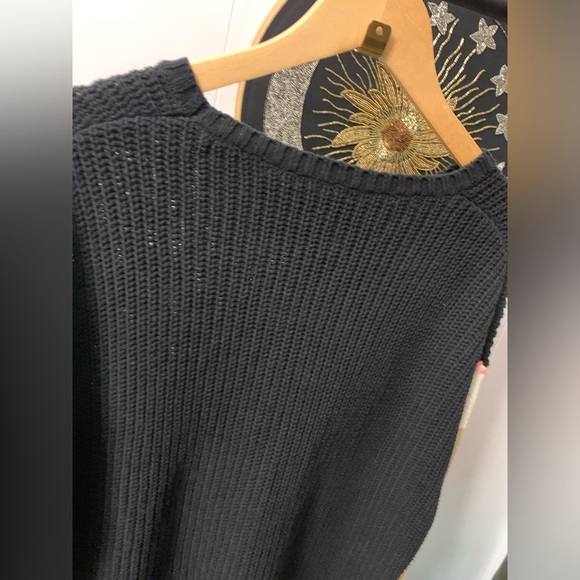 Lisa Todd Contrast Knit Stripe Sleeve Sweater Black Boxy Cotton Acrylic Ribbed - Picture 9 of 10